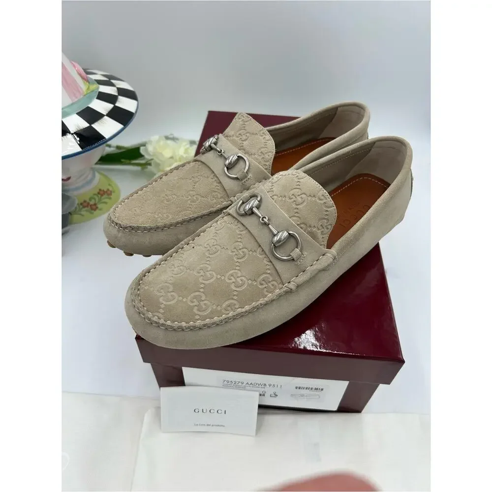 Men's Gucci suede oatmeal horse bit driver loafers size 9 fits 9.5US